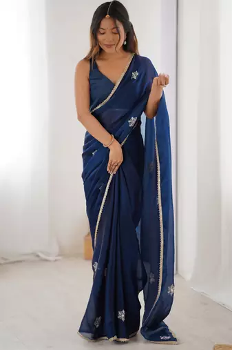teal blue designer fandy saree with moti & sequin flower work