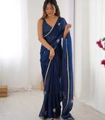 teal blue designer fandy saree with moti & sequin flower work