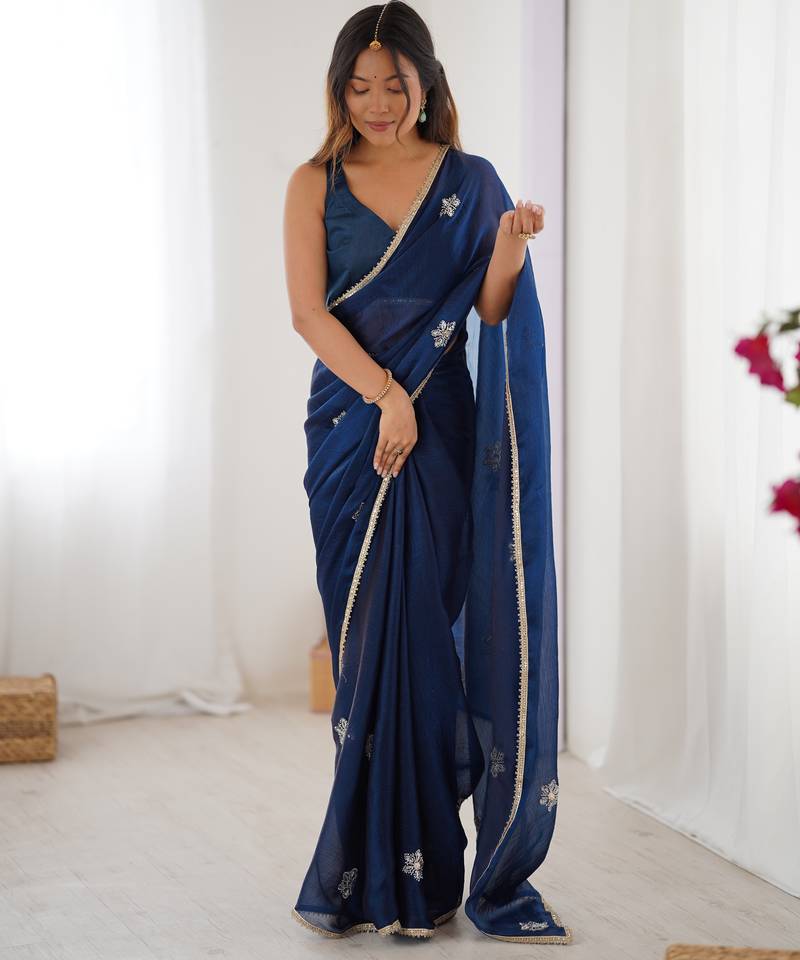 teal blue designer fandy saree with moti & sequin flower work