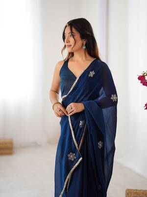 teal blue designer fandy saree with moti & sequin flower work 2