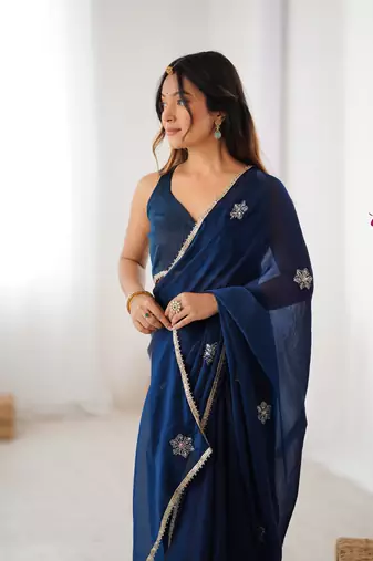 teal blue designer fandy saree with moti & sequin flower work