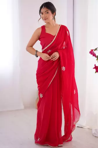 pink designer fandy saree with moti & sequin flower work