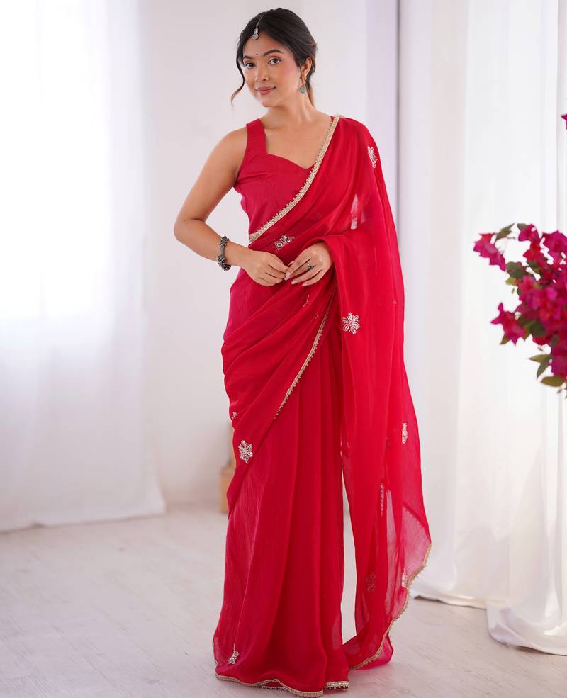 pink designer fandy saree with moti & sequin flower work