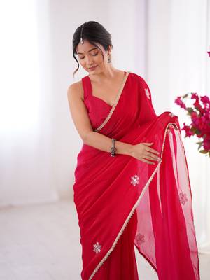 pink designer fandy saree with moti & sequin flower work 2