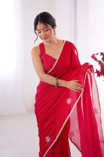 pink designer fandy saree with moti & sequin flower work