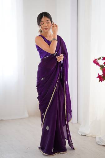 purple designer fandy saree with moti & sequin flower work