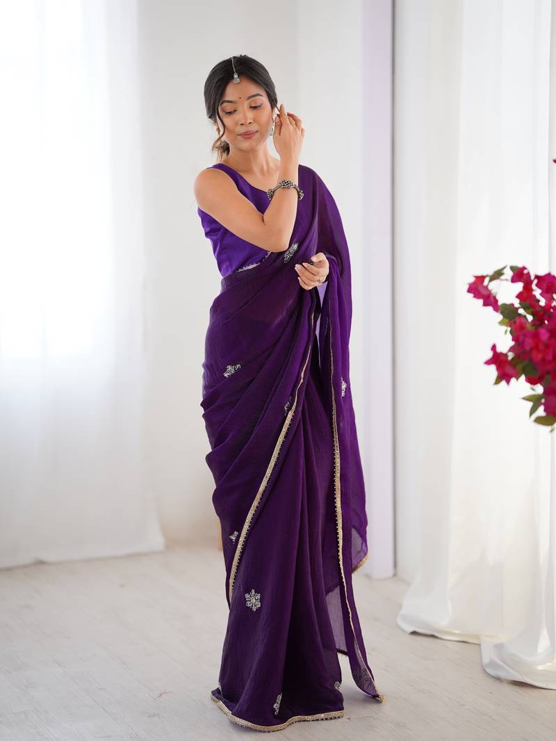 purple designer fandy saree with moti & sequin flower work
