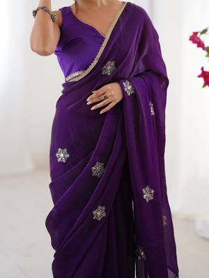 purple designer fandy saree with moti & sequin flower work 2