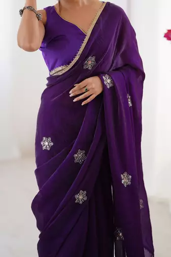 purple designer fandy saree with moti & sequin flower work