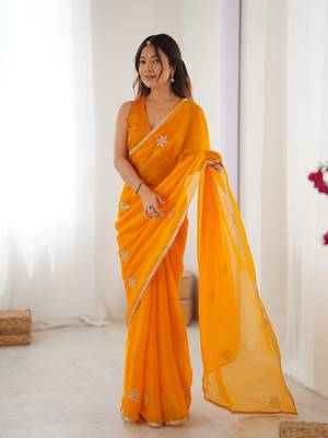 yellow designer fandy saree with moti & sequin flower work 1