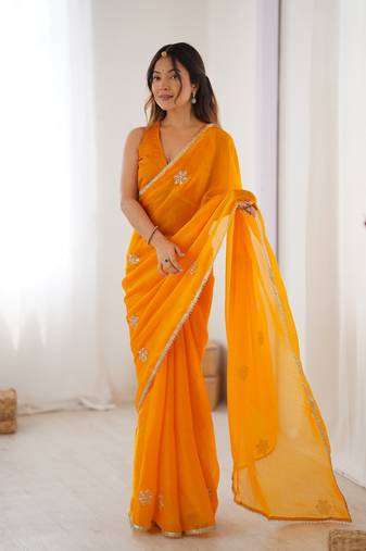 yellow designer fandy saree with moti & sequin flower work