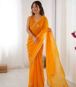 yellow designer fandy saree with moti & sequin flower work