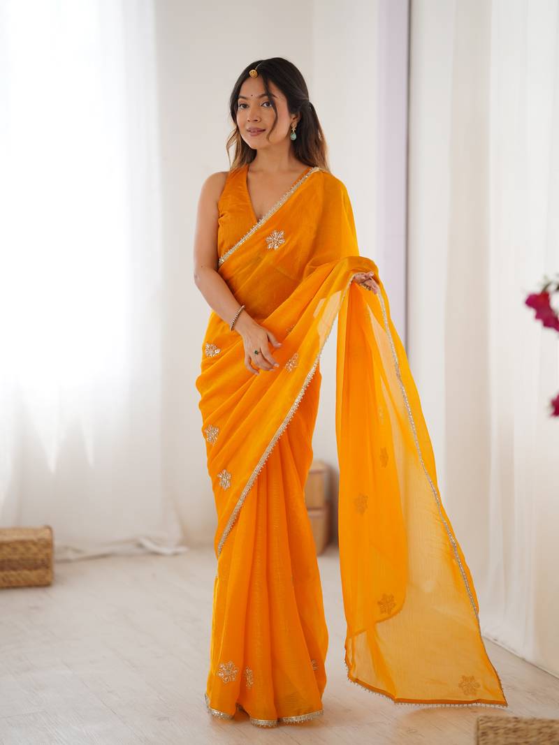 yellow designer fandy saree with moti & sequin flower work