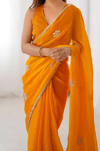 yellow designer fandy saree with moti & sequin flower work