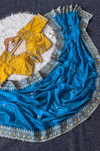 Blue Color Embroidery theard Work Satin Saree