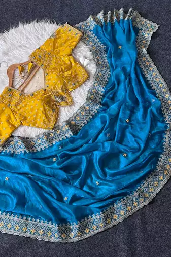 Blue Color Embroidery theard Work Satin Saree