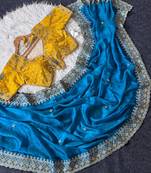 Blue Color Embroidery theard Work Satin Saree