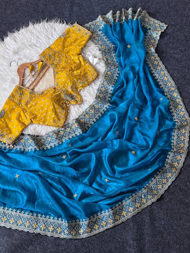 Blue Color Embroidery theard Work Satin Saree