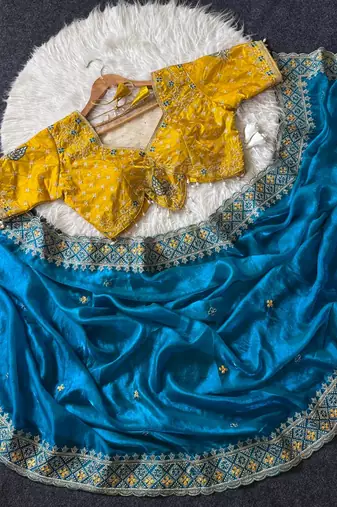 Blue Color Embroidery theard Work Satin Saree