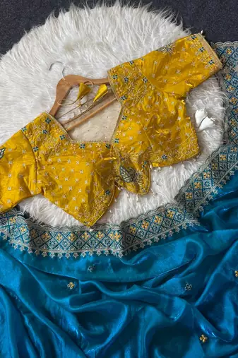 Blue Color Embroidery theard Work Satin Saree