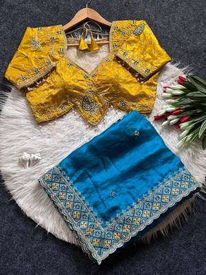 Blue Color Embroidery theard Work Satin Saree 4