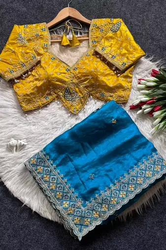 Blue Color Embroidery theard Work Satin Saree