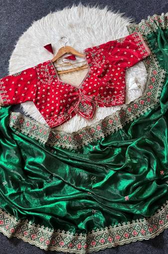 Green Color Embroidery theard Work Satin Saree