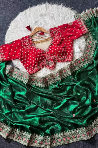 Green Color Embroidery theard Work Satin Saree