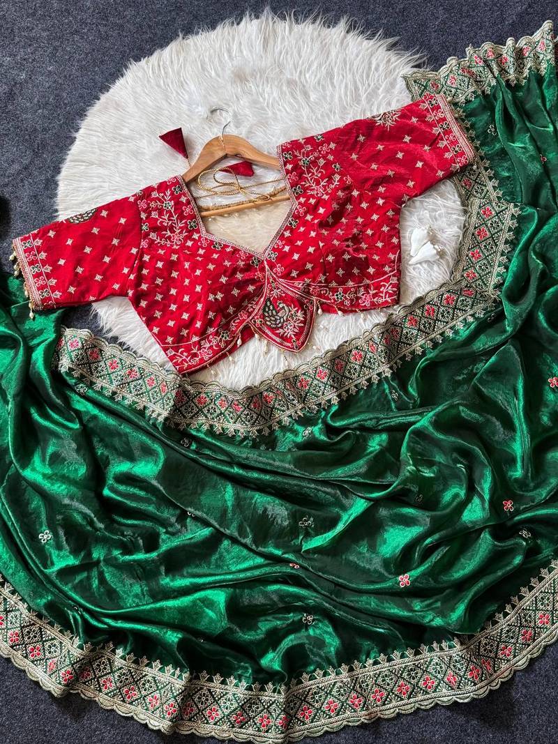 Green Color Embroidery theard Work Satin Saree