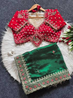 Green Color Embroidery theard Work Satin Saree 4