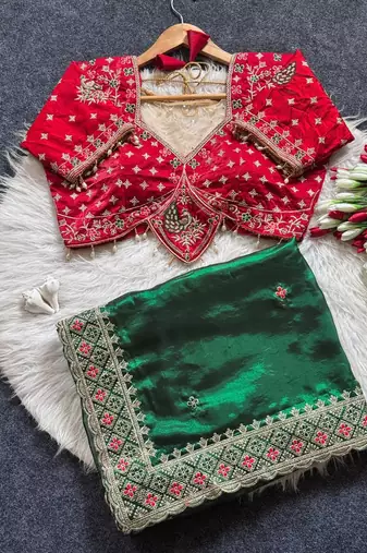 Green Color Embroidery theard Work Satin Saree