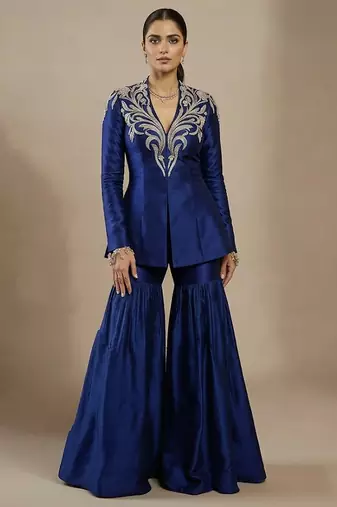 Royal blue embroidered raw silk indo western sharara set