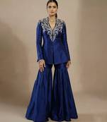 Royal blue embroidered raw silk indo western sharara set