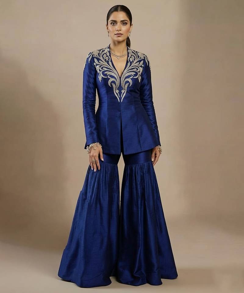 Royal blue embroidered raw silk indo western sharara set