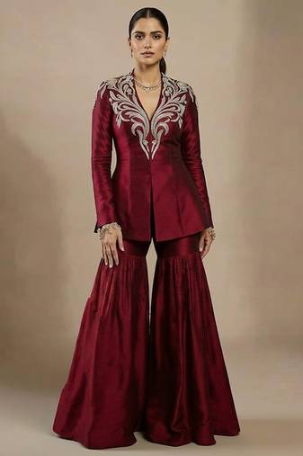 Maroon embroidered raw silk indo western sharara set