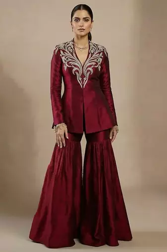 Maroon embroidered raw silk indo western sharara set