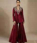 Maroon embroidered raw silk indo western sharara set