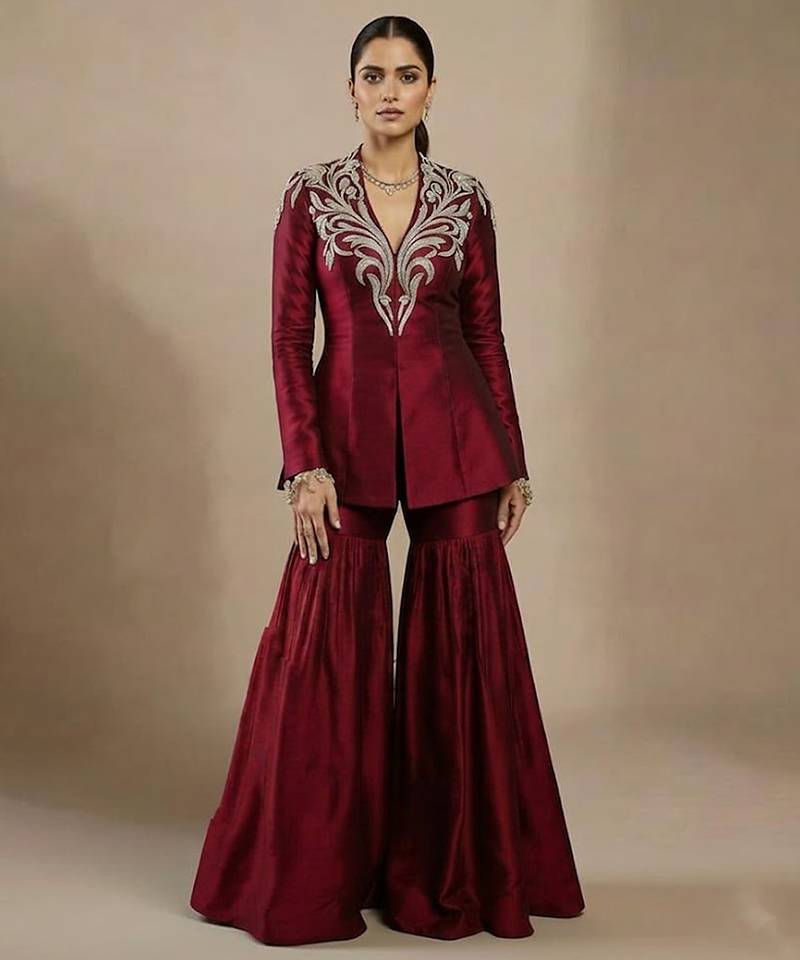 Maroon embroidered raw silk indo western sharara set