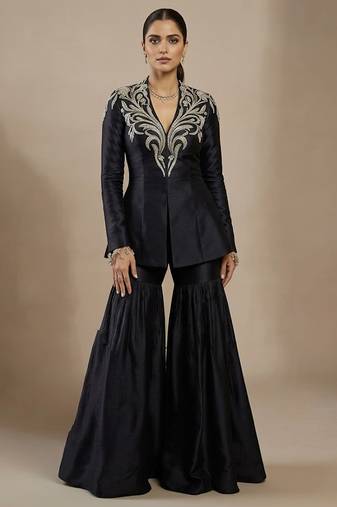 Black embroidered raw silk indo western sharara set