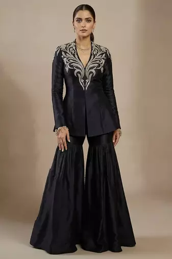 Black embroidered raw silk indo western sharara set