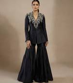 Black embroidered raw silk indo western sharara set