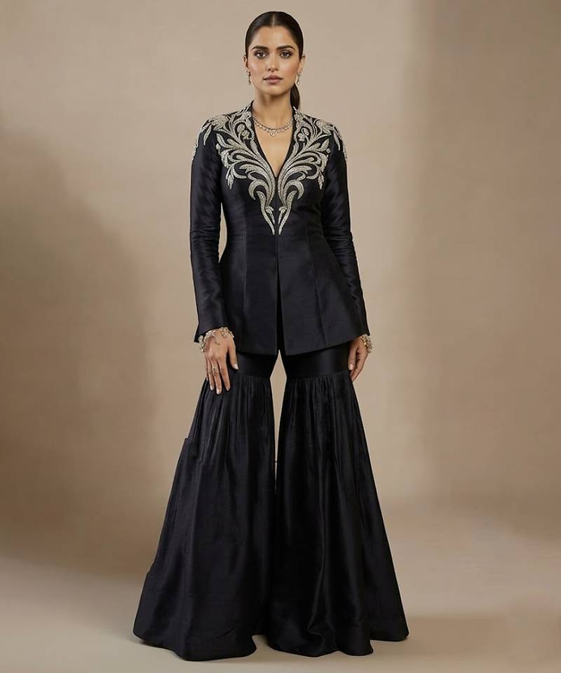 Black embroidered raw silk indo western sharara set