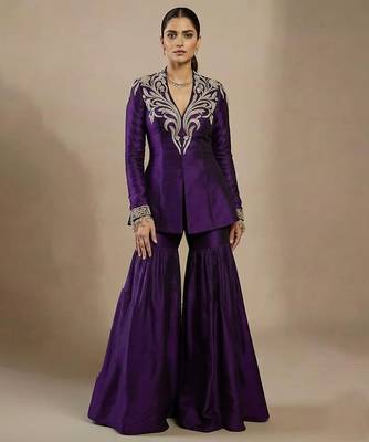Purple embroidered raw silk indo western sharara set 1