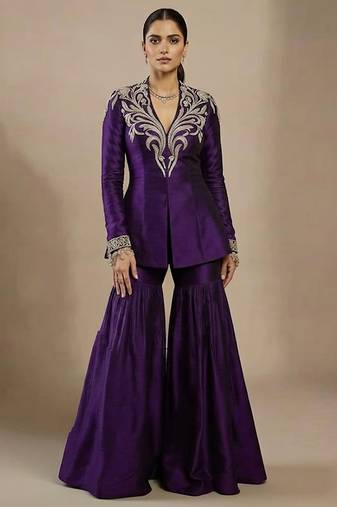Purple embroidered raw silk indo western sharara set