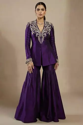 Purple embroidered raw silk indo western sharara set