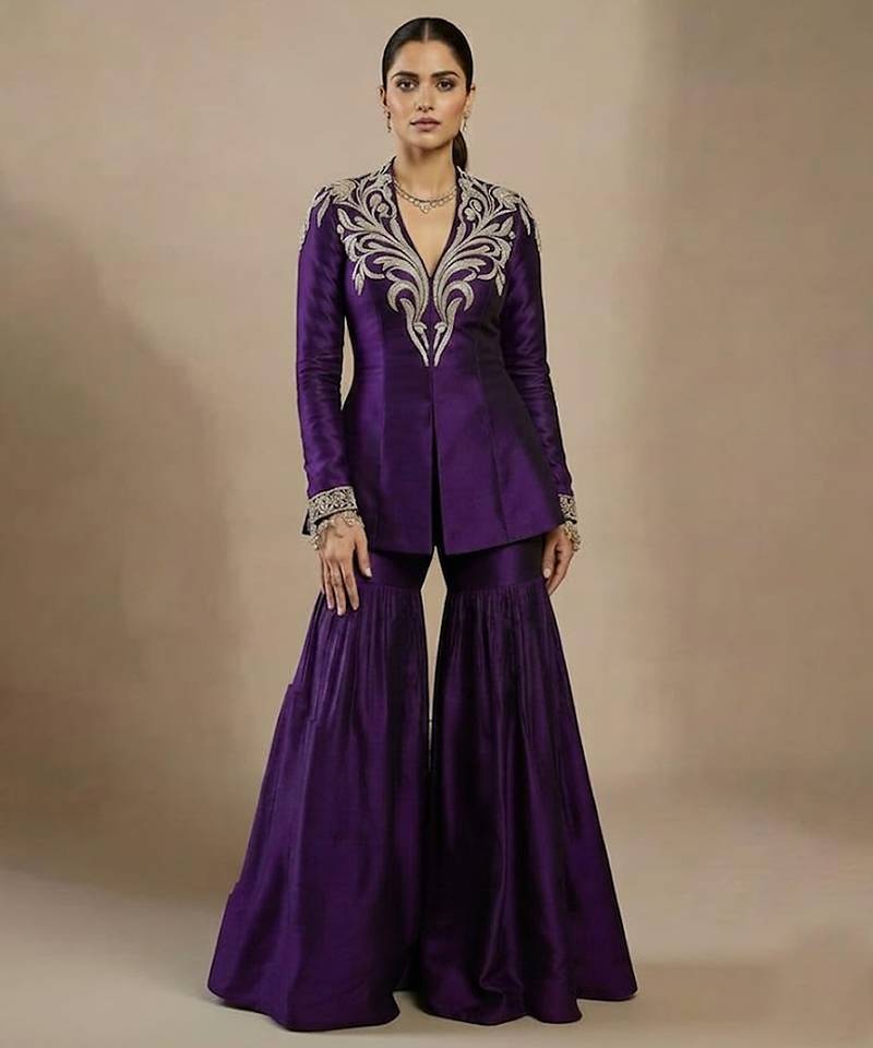 Purple embroidered raw silk indo western sharara set