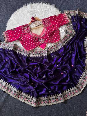 Purple Color Embroidery theard Work Satin Saree 1