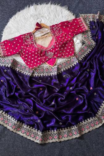 Purple Color Embroidery theard Work Satin Saree