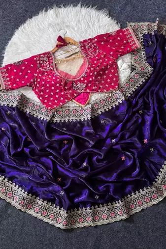 Purple Color Embroidery theard Work Satin Saree