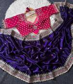 Purple Color Embroidery theard Work Satin Saree